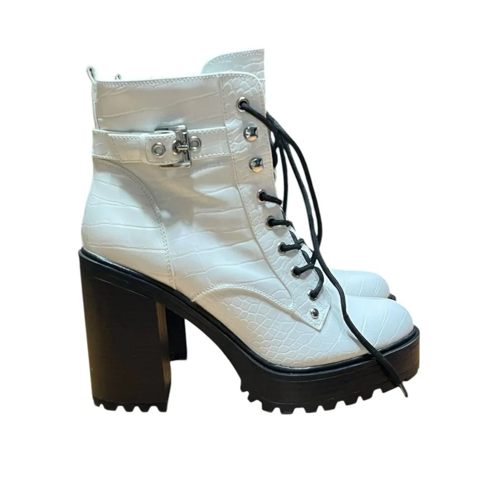CBG Los Angeles White Croc-Embossed Lace-Up Platform Boots 10M Faux‎ Leather